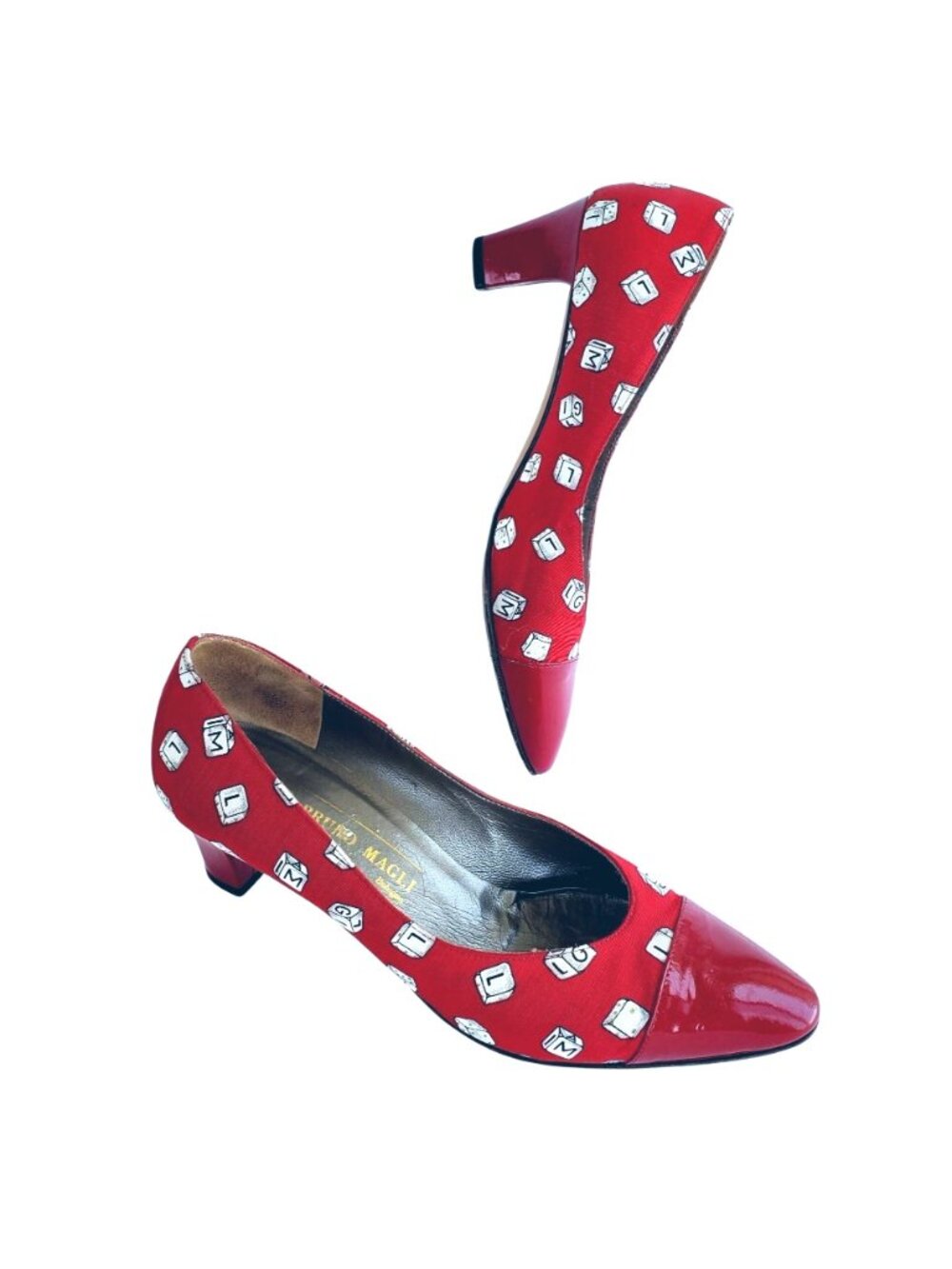 Vintage 1980s Bruno Magli Red Novelty Print Pumps Italy Sz 7.5 Dice - Picture 2 of 14
